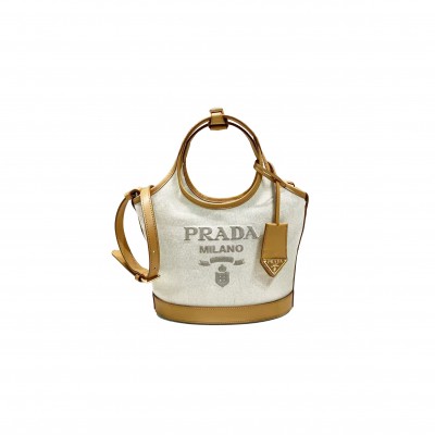 PRADA SMALL LINEN BLEND AND LEATHER TOTE BAG 1BG974 (21*18*9cm)
